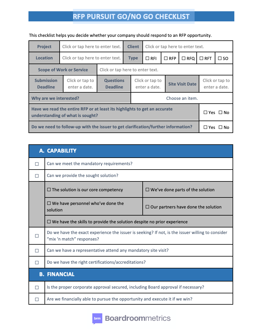 RFP Checklist - Go or no go? | Boardroom Metrics